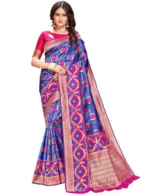 Blue woven silk saree with blouse 1