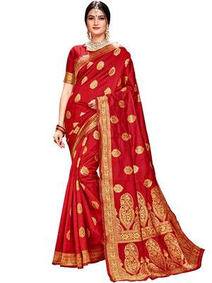 Red woven silk saree with blouse 1