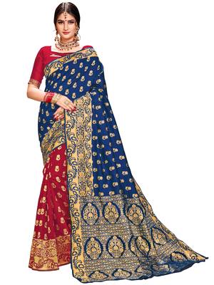 Navy blue woven silk saree with blouse 1