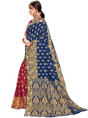 Navy blue woven silk saree with blouse 2