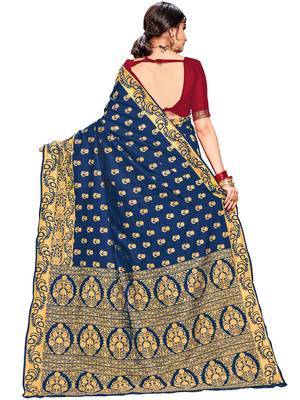 Navy blue woven silk saree with blouse 3