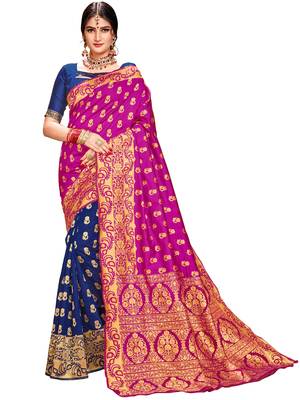 Pink woven silk saree with blouse 1