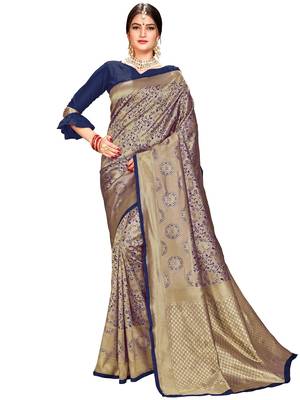Navy blue woven silk saree with blouse 1