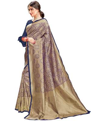 Navy blue woven silk saree with blouse 2