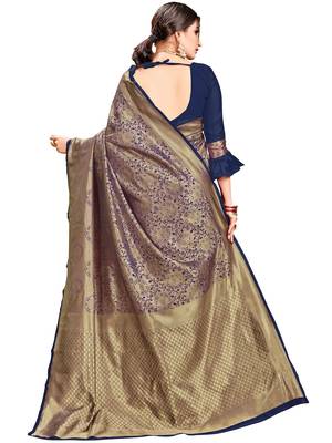 Navy blue woven silk saree with blouse 3