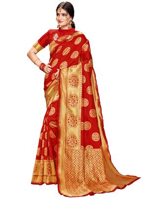Red Woven Silk Saree With Blouse 1
