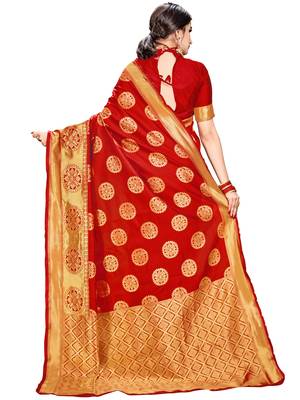 Red Woven Silk Saree With Blouse 3
