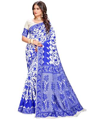 Blue printed blended cotton saree with blouse 1