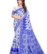Blue printed blended cotton saree with blouse