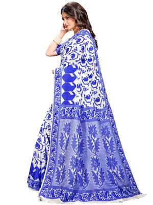 Blue printed blended cotton saree with blouse 2