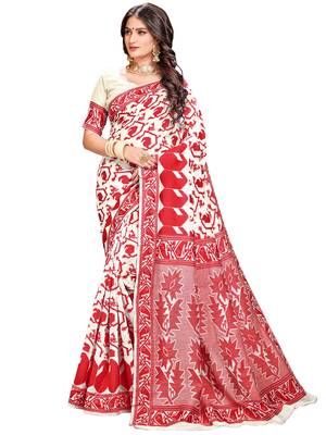 Red printed blended cotton saree with blouse 1