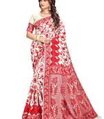 Red printed blended cotton saree with blouse