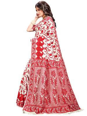 Red printed blended cotton saree with blouse 2