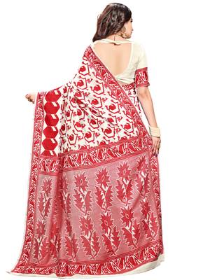 Red printed blended cotton saree with blouse 3