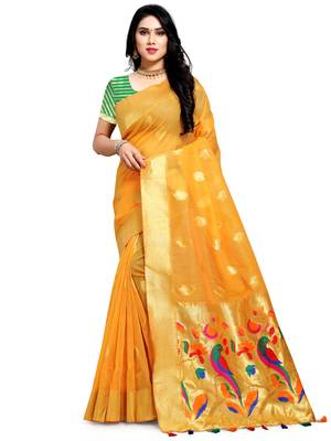 Yellow Woven Silk Saree With Blouse 1