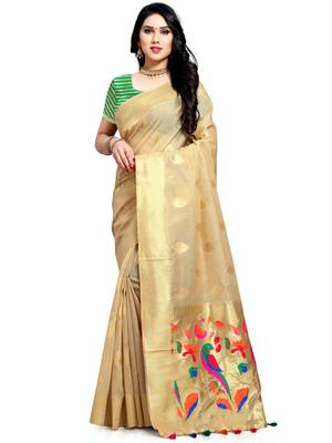 Beige woven silk saree with blouse 1