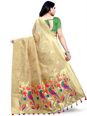 Beige woven silk saree with blouse 2