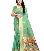 Turquoise Woven Silk Saree With Blouse