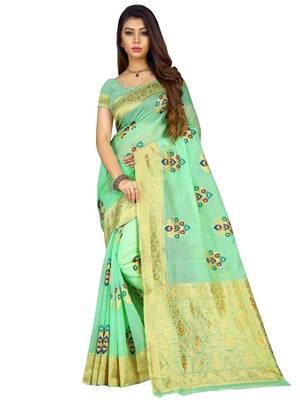Sea green woven cotton silk saree with blouse 1