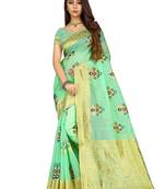 Sea green woven cotton silk saree with blouse