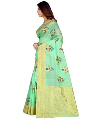 Sea green woven cotton silk saree with blouse 2