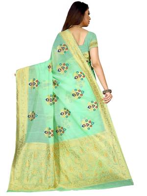 Sea green woven cotton silk saree with blouse 3