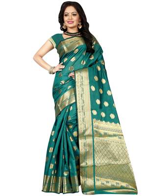 Green woven cotton silk saree with blouse 1
