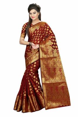 Maroon woven cotton silk saree with blouse 1