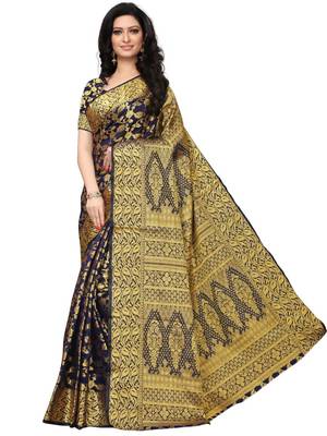 Navy blue woven silk saree with blouse 1