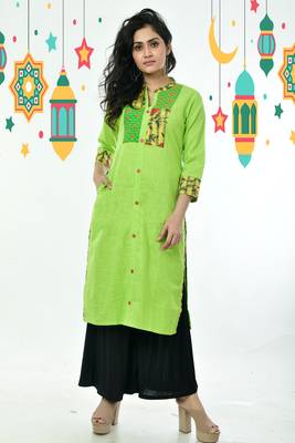 Neon Green Kantha Embroidered Cotton Kurti 1