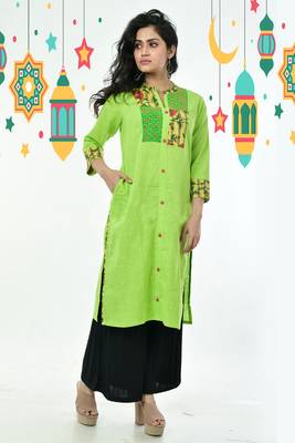 Neon Green Kantha Embroidered Cotton Kurti 2