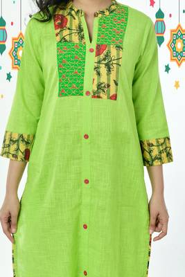 Neon Green Kantha Embroidered Cotton Kurti 3