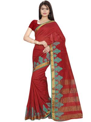 Red woven cotton saree with blouse 1
