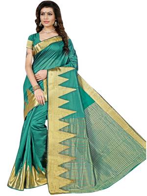 Teal woven cotton silk saree with blouse 1