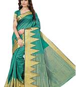 Teal woven cotton silk saree with blouse
