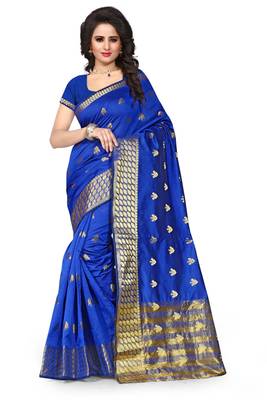Royal blue woven cotton silk saree with blouse 1