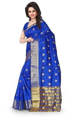 Royal blue woven cotton silk saree with blouse 2
