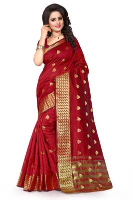 Red woven cotton silk saree with blouse 1