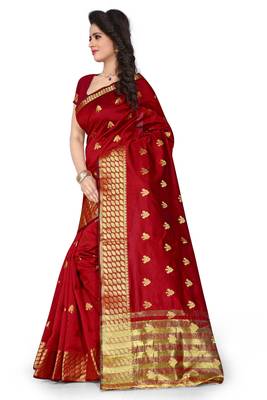 Red woven cotton silk saree with blouse 3