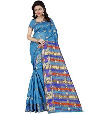 Sky blue woven cotton silk saree with blouse 1