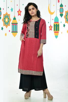 Red Pure Cotton Kurti With Checkered Border 1