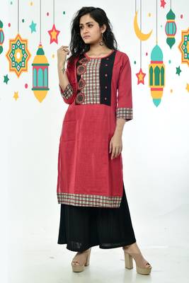 Red Pure Cotton Kurti With Checkered Border 2