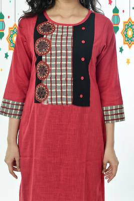Red Pure Cotton Kurti With Checkered Border 3
