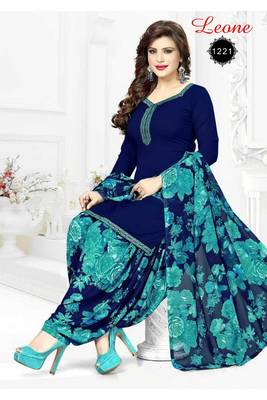 Navy Blue Crepe Printed Unstitched Salwar With Dupatta 1