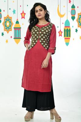 Red Pure Cotton Kurti With Army Green Printed Foil Mirror Stitched Jacket 1