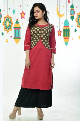 Red Pure Cotton Kurti With Army Green Printed Foil Mirror Stitched Jacket 2