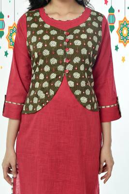 Red Pure Cotton Kurti With Army Green Printed Foil Mirror Stitched Jacket 3