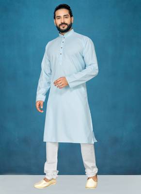 Blue plain cotton poly kurta-pajama 1