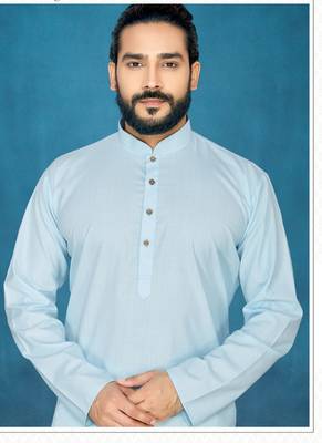 Blue plain cotton poly kurta-pajama 2