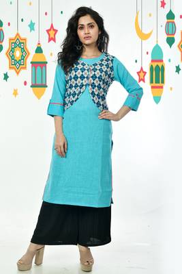 Sky Blue Pure Cotton Kurti With Navy Blue Embroidered Stitched Jacket 1